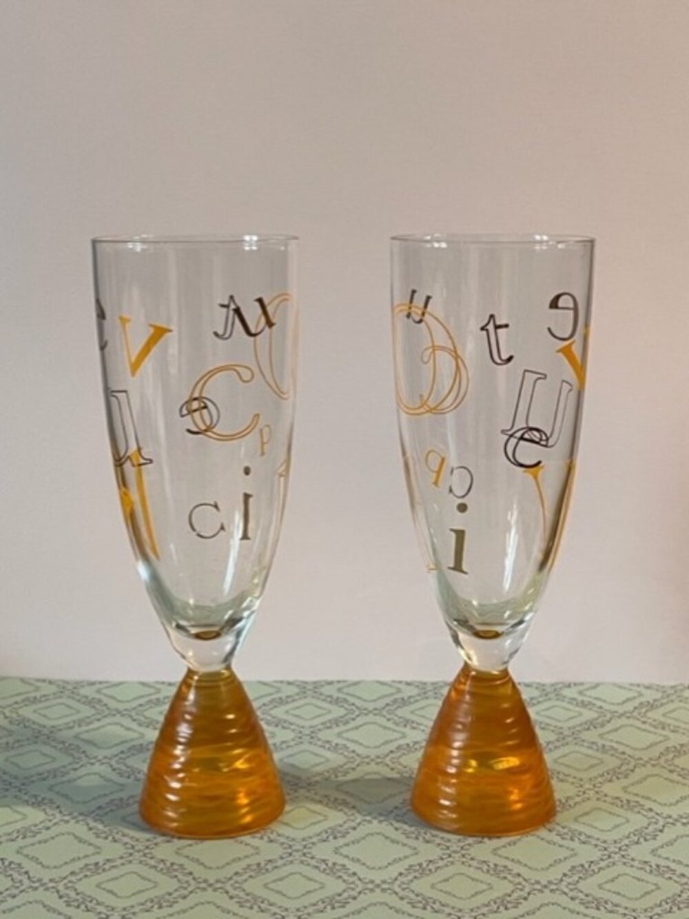 Champagne flutes Veuve Clicquot set of 2 alphabet design Vtg